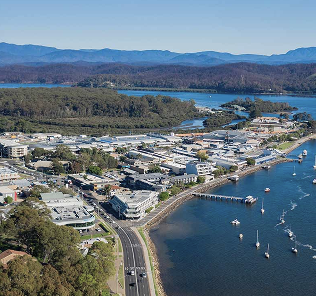panoramic aerial view of Batemans Bay by the river