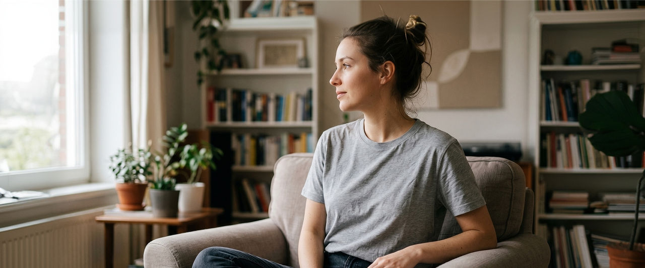woman looking out window